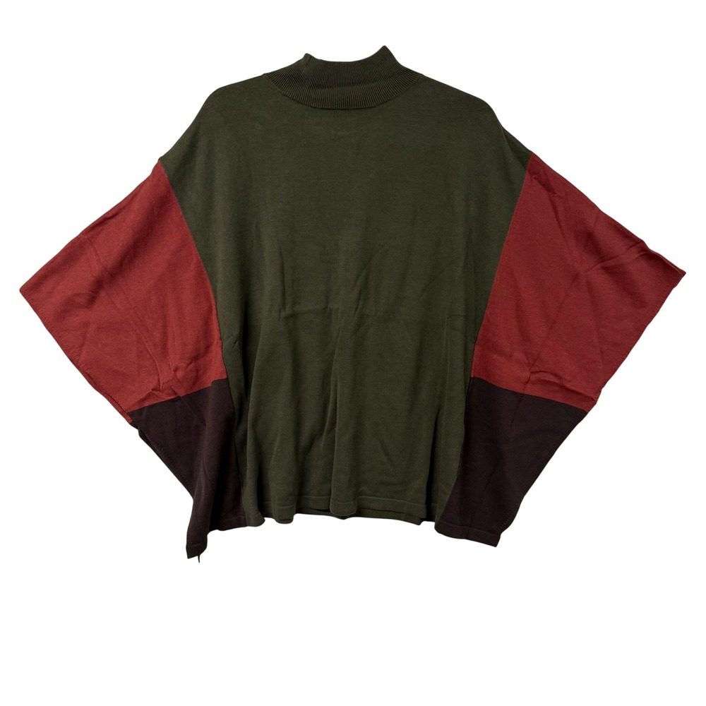 Belle by Kim Gravel Womens Colorblock Mock Neck Poncho Sweater Olive Green Small